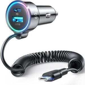 KEHIPI USB C 60W Super Fast Car Charger PD& QC3.0 with 5ft 30W Type C Coiled Cable, Car Phone Charger Adapter for iPhone 15 Pro Max Plus, Samsung