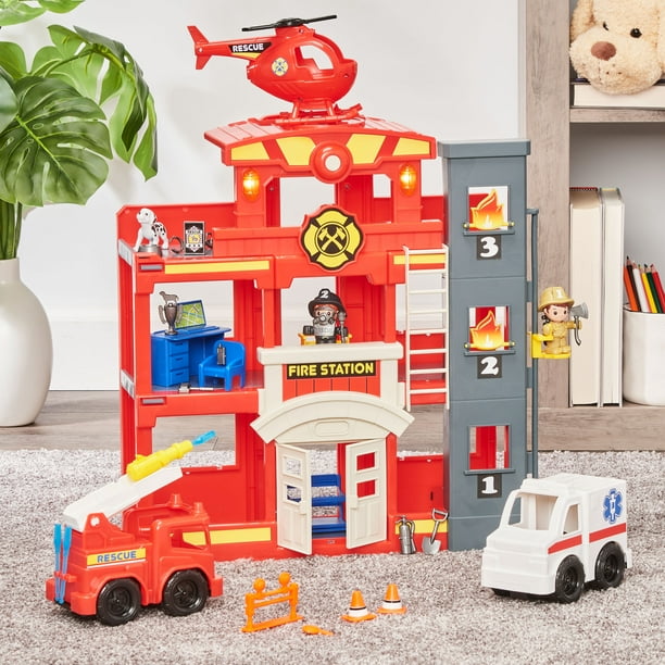 Kid Connection Fire Station Emergency Vehicle Playset with Light & Sound. 31 Pieces, Toddler Toys, Age 3+