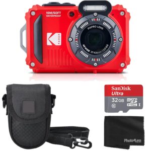 Kodak PIXPRO WPZ2 Rugged Waterproof Shockproof Digital Camera 16MP 4X Optical Zoom 1080P Full HD Video, 2.7" LCD (Red) Bundle with Camera Case, SanDisk 32GB microSDHC Card (4...