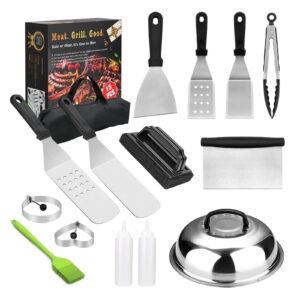 KOYMISKU Grill Accessories, Stainless Steel Grip Barbecue Accessories for Outdoor Camping, 15 Flat Top Griddle Accessories Kit with Spatula, Basting Cover,...