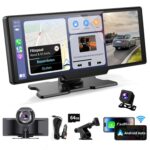 Kuayvan Wireless Portable Carplay Screen for Car - 10.26 Inch Carplay & Android Auto Car Touch Screen, with 4K Dash Cam, Backup Camera, Bluetooth, GPS Navigation, Navigation for...