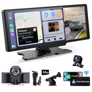Kuayvan Wireless Portable Carplay Screen for Car - 10.26 Inch Carplay & Android Auto Car Touch Screen, with 4K Dash Cam, Backup Camera, Bluetooth, GPS Navigation, Navigation for...