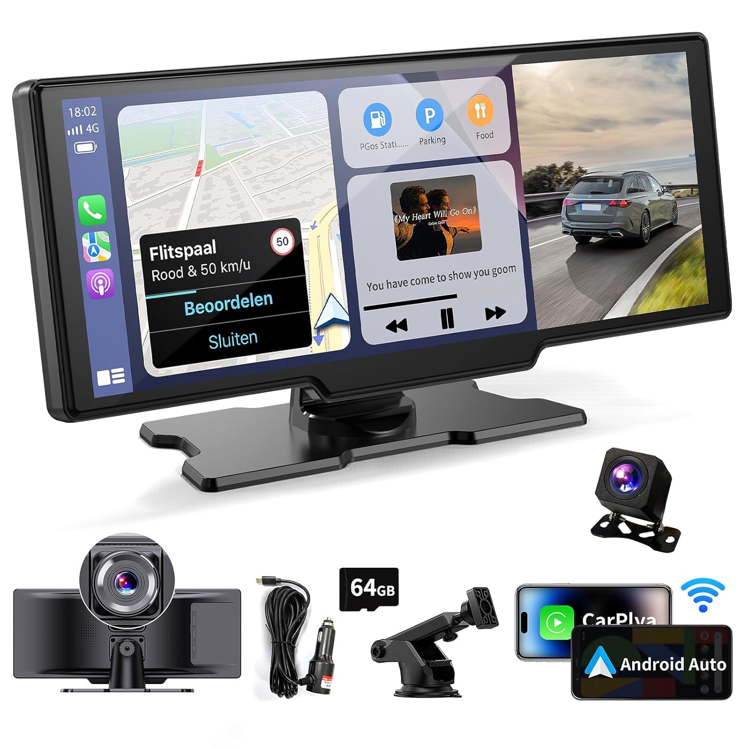 Kuayvan Wireless Portable Carplay Screen for Car - 10.26 Inch Carplay & Android Auto Car Touch Screen, with 4K Dash Cam, Backup Camera, Bluetooth, GPS Navigation, Navigation for...