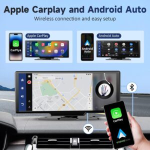 Kuayvan Wireless Portable Carplay Screen for Car - 10.26 Inch Carplay & Android Auto Car Touch Screen, with 4K Dash Cam, Backup Camera, Bluetooth, GPS Navigation, Navigation for...