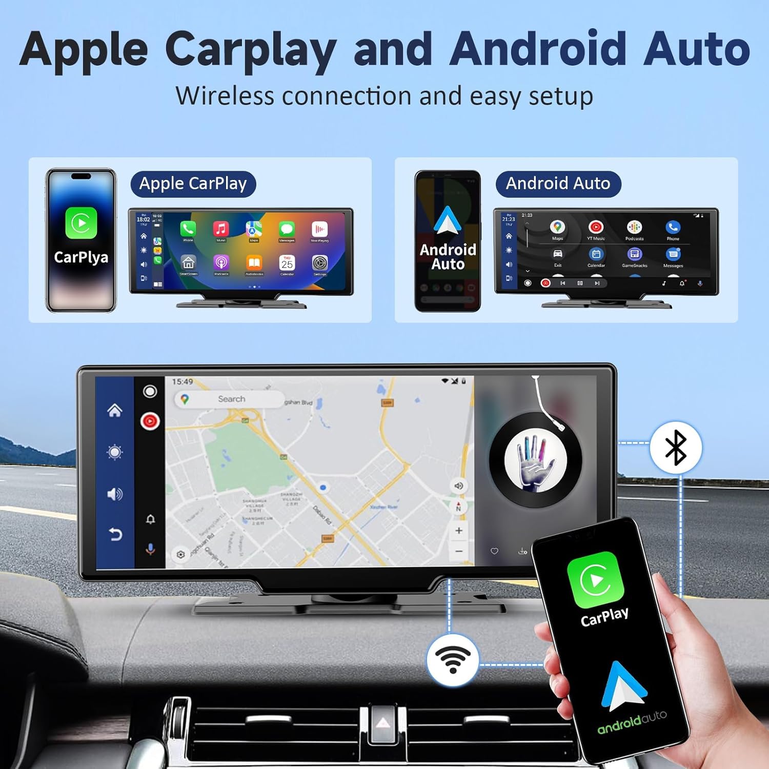 Kuayvan Wireless Portable Carplay Screen for Car - 10.26 Inch Carplay & Android Auto Car Touch Screen, with 4K Dash Cam, Backup Camera, Bluetooth, GPS Navigation, Navigation for...