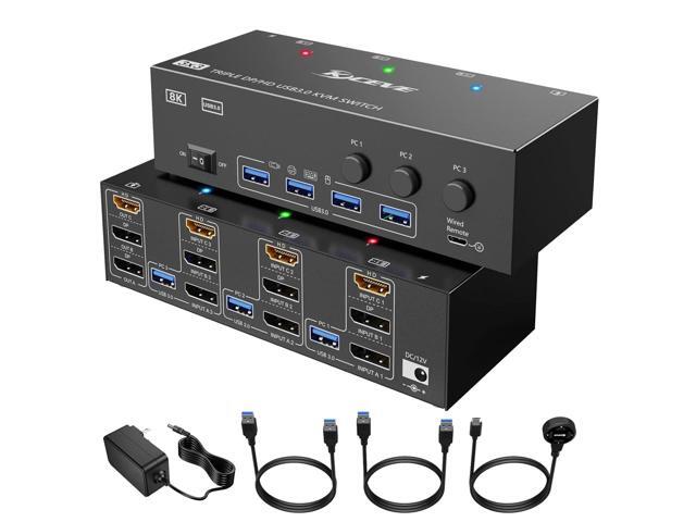 KVM Switch 3 Computers 3 Monitors, KCEVE HDMI + DisplayPort USB 3.0 KVM Switcher, 8K@30Hz/4k@144Hz Triple Monitor DP KVM for 3 PC Share 3 Display and