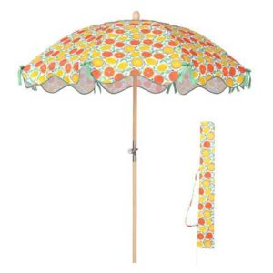 LAGarden Our Beach Portable Umbrella for Sand Beech Wood Pole Carry Bag with Printed Orange Grapefruit Cute Garden Parasol