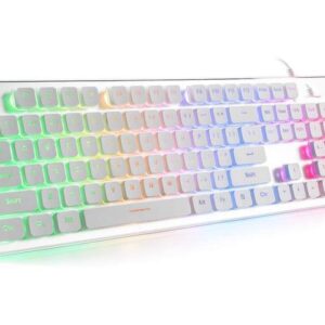 LANGTU Membrane Gaming Keyboard Rainbow LED Backlight Silent Keyboard USB Wired Full Metal Panel 25-Key Anti-Ghosting Computer Keyboard 104-Key-White