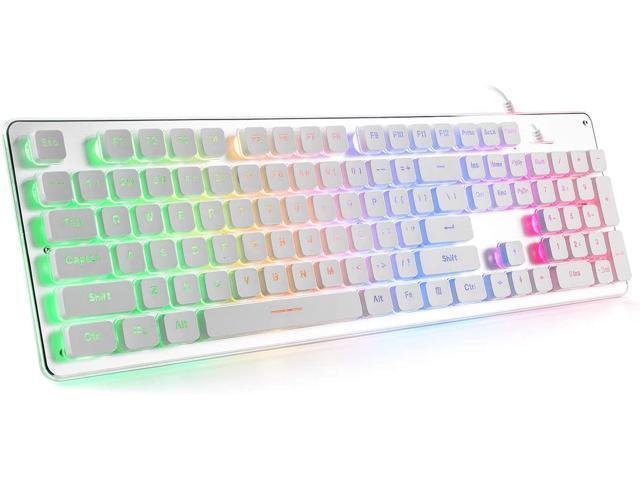 LANGTU Membrane Gaming Keyboard Rainbow LED Backlight Silent Keyboard USB Wired Full Metal Panel 25-Key Anti-Ghosting Computer Keyboard 104-Key-White