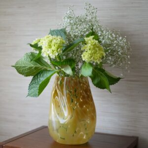 Large Artisan Blown Glass Tabletop Vase with Yellow Tortoise Speckled Finish