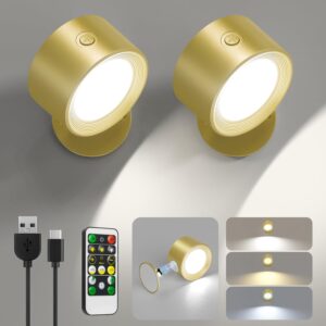 LED Wall Lights 2 Pcs with Remote, Wall Sconces Lamp Rechargeable Battery Operated, 3 Color Temperatures & Dimmable Magnetic 360° Rotation Cordless for Bedroom Bedside