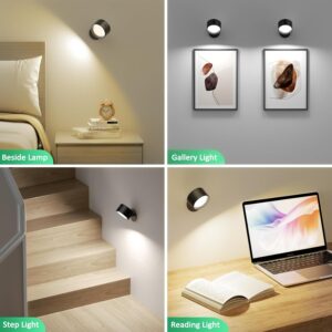 LED Wall Mounted Lights 2 Pcs with Remote, Wall Sconces Lamp 3000mAh Rechargeable Battery Operated, 3 Color Temperatures & Dimmable Magnetic 360° Rotation Cordless Light for...