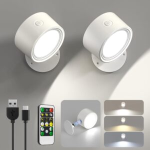 LED Wall Sconces 2 Pcs with Remote, Wall Mounted Lights Rechargeable Battery Operated, 3 Color Temperatures & Dimmable Wall Lamp Magnetic 360° Rotation Wireless Light for...