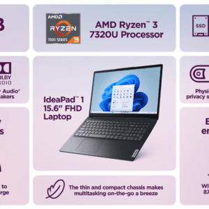 Lenovo IdeaPad 1 15.6 inch Windows Laptop AMD Ryzen 3-7320U 8GB RAM 256GB SSD Abyss Blue