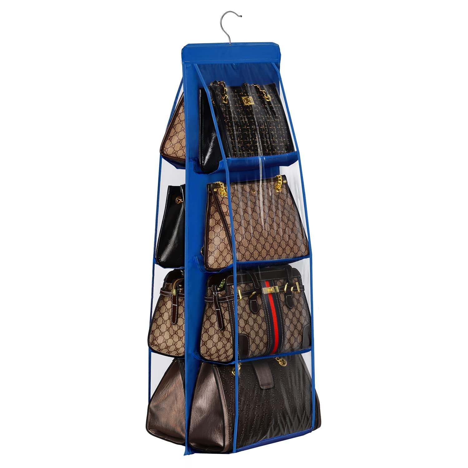Lirex Handbag Hanging Organizer, 8 Pocket Hanging Purse Organizer Handbag Storage Hanger Oxford Cloth Closet Organizer for Family Closet Bedroom, Foldable and Universal Fit (Blue)