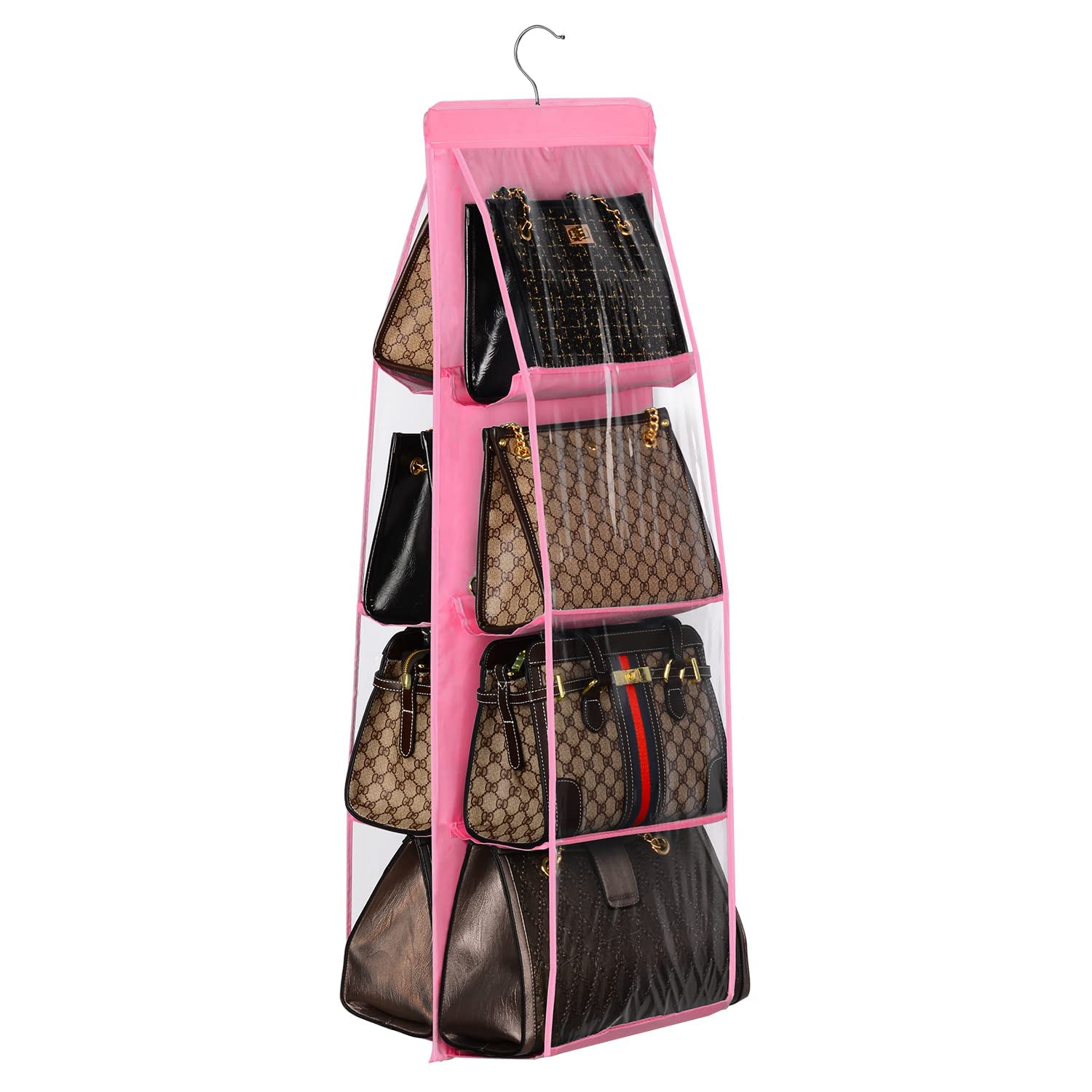 Lirex Handbag Hanging Organizer, 8 Pocket Hanging Purse Organizer Handbag Storage Hanger Oxford Cloth Closet Organizer for Family Closet Bedroom, Foldable and Universal Fit (Pink)