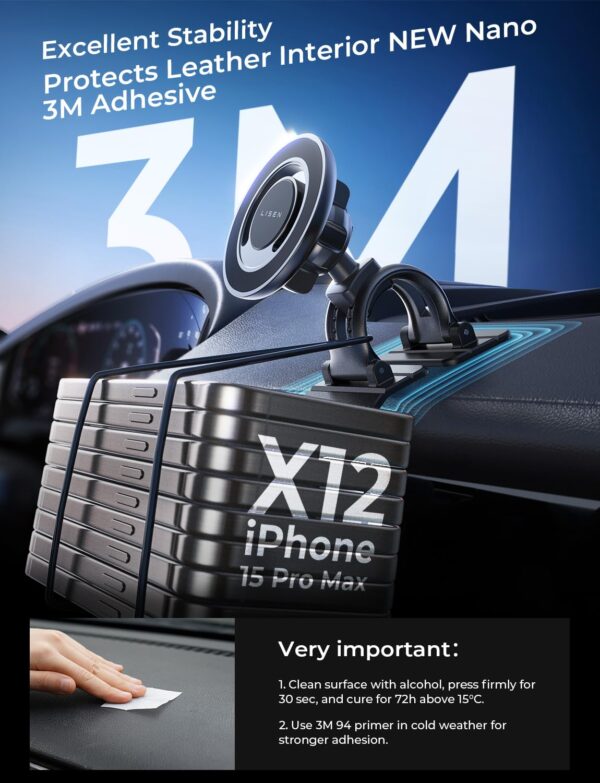 LISEN 2-in-1 for MagSafe Car Mount Vent/Dashboard Magnetic Phone Holder Car Mount Hands-Free iPhone Accessories Fits iPhone 16 Pro Max Plus 15 14 13 with Magsafe Cases, Black