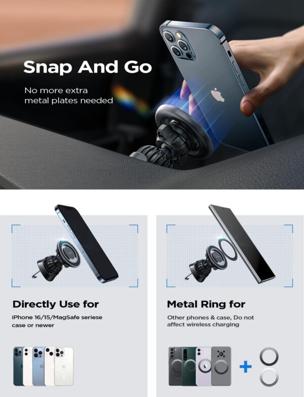 LISEN 2-in-1 for MagSafe Car Mount Vent/Dashboard Magnetic Phone Holder Car Mount Hands-Free iPhone Accessories Fits iPhone 16 Pro Max Plus 15 14 13 with Magsafe Cases, Black