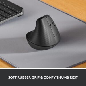 Logitech Lift Vertical Ergonomic Mouse, Wireless Bluetooth or USB Receiver, Quiet Clicks, 4 Buttons, Right Hand Wireless Mouse, Windows/macOS/iPadOS, Laptop, PC - Graphite