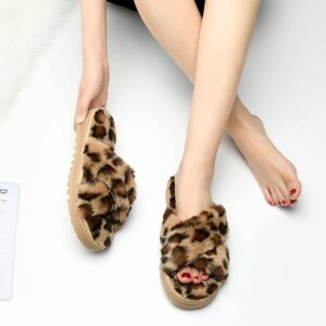 LORDFON Open Toe Cross Band Fuzzy Womens Slippers Fluffy House Slippers with Memory Foam