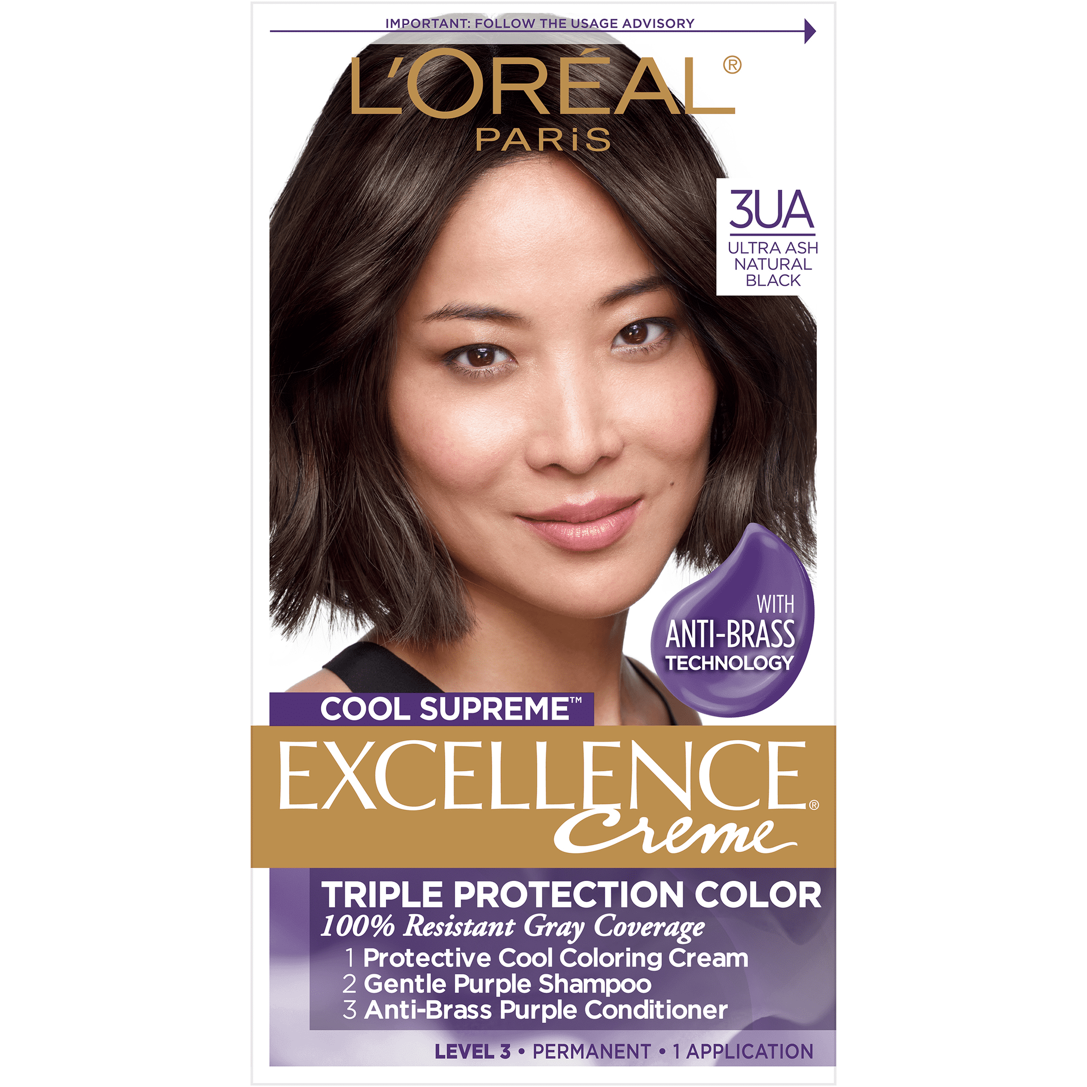 L'Oreal Paris Excellence Cool Supreme Permanent Hair Color, Ultra Ash Black, 1 Kit