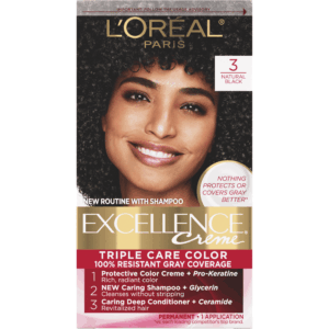 L'Oreal Paris Excellence Creme Permanent Hair Color, 3 Natural Black, Triple Protection, 1 Kit