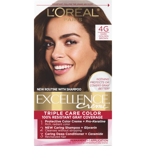 L'Oreal Paris Excellence Creme Permanent Hair Color, 4G Dark Golden Brown, 1 kit L'Oreal Paris Excellence Creme Permanent Hair Color, 4G Dark Golden Brown, 1 kit