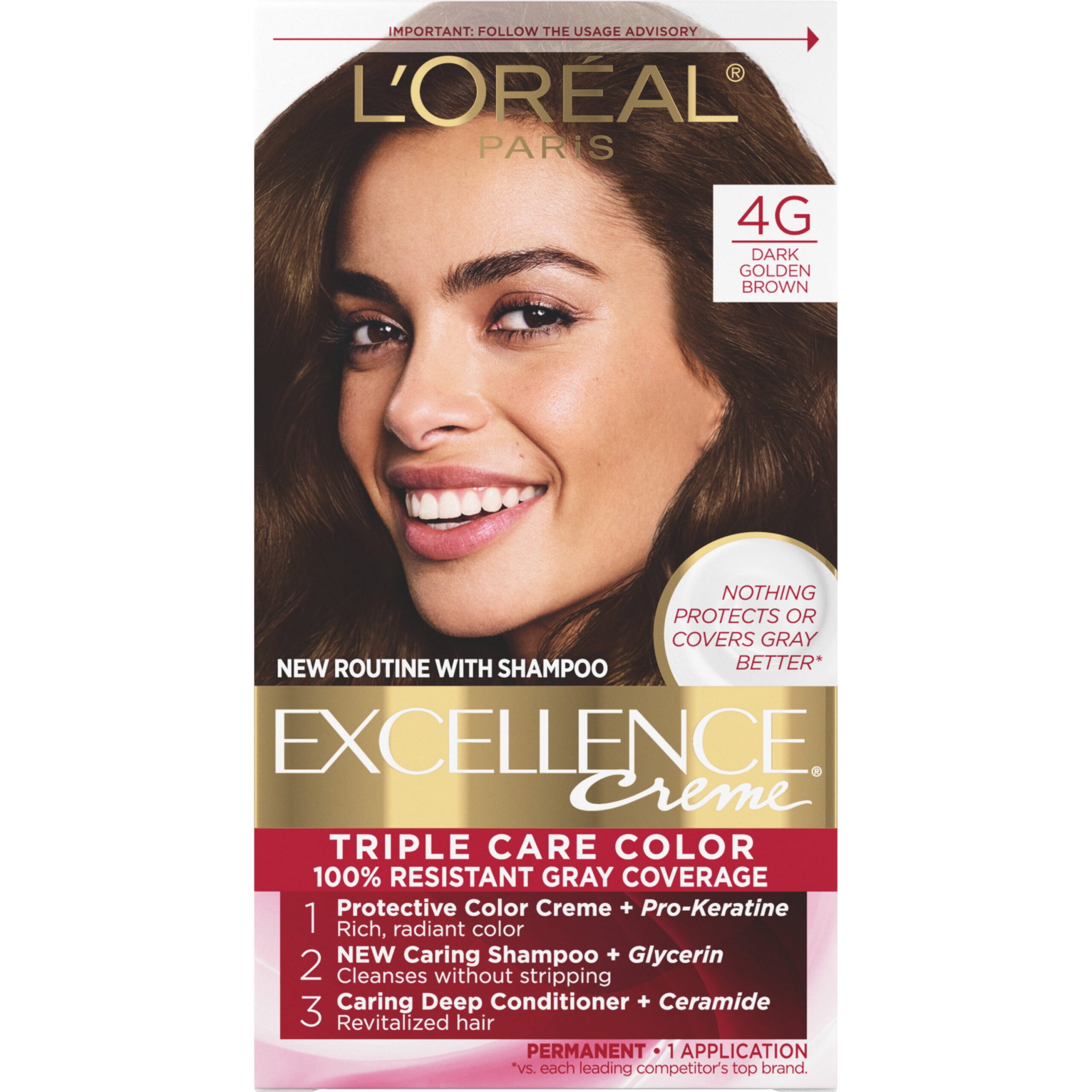 L'Oreal Paris Excellence Creme Permanent Hair Color, 4G Dark Golden Brown, 1 kit