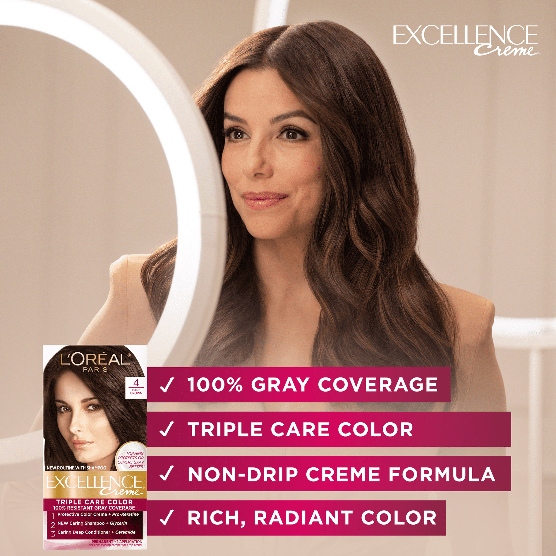 L'Oreal Paris Excellence Creme Permanent Hair Color, 4G Dark Golden Brown, 1 kit