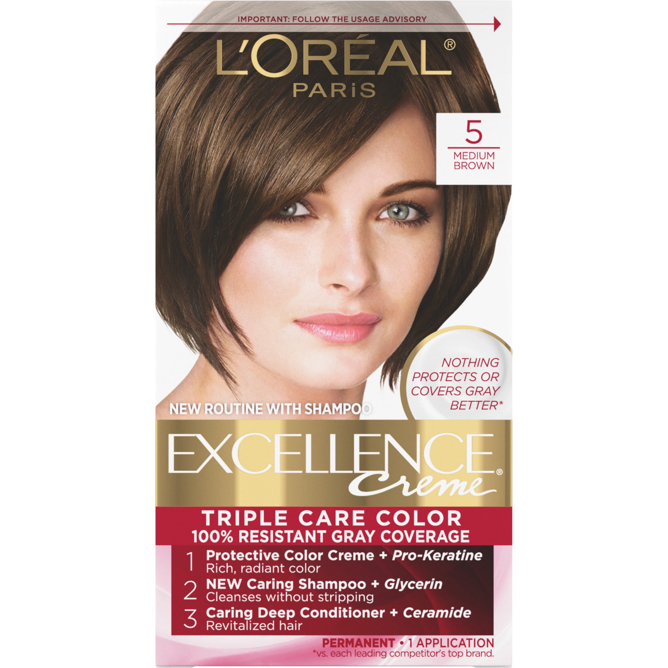 L'Oreal Paris Excellence Creme Permanent Hair Color, 5 Medium Brown, Triple Protection, 1 Kit