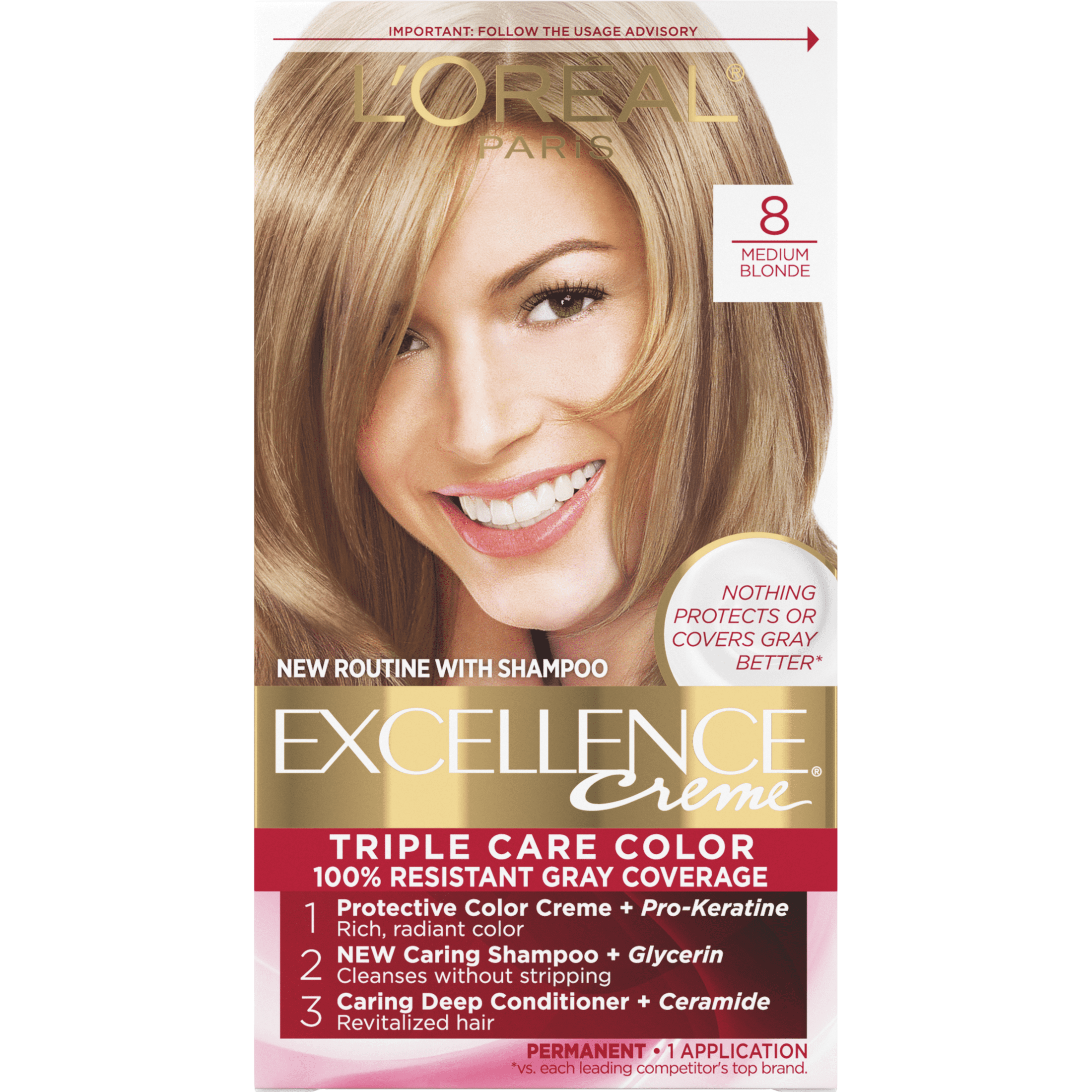 L'Oreal Paris Excellence Creme Permanent Hair Color, 8 Medium Blonde, 1 kit