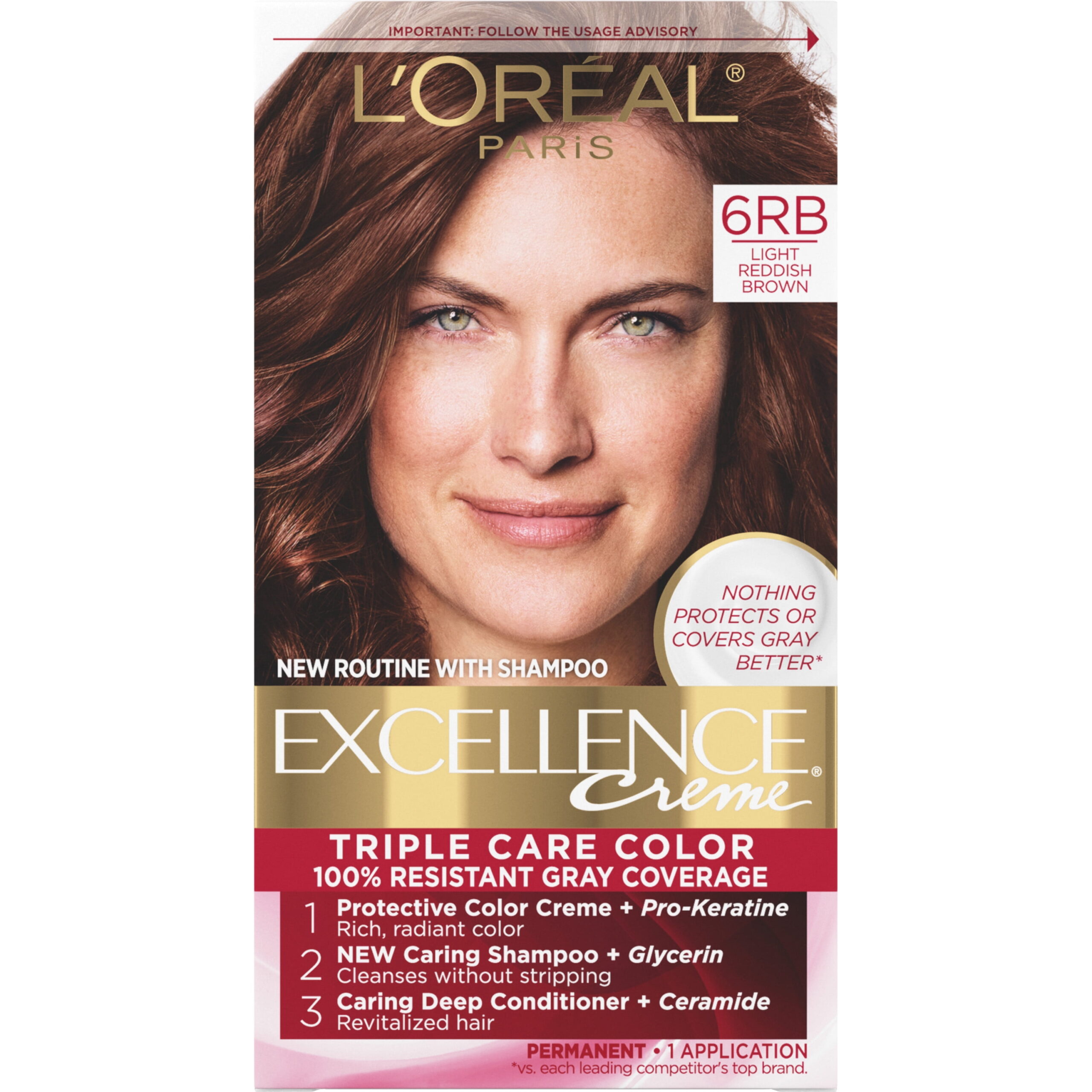 L'Oreal Paris Excellence Creme Permanent Hair Color, Triple Care, 6RB Light Reddish Brown, 1 kit