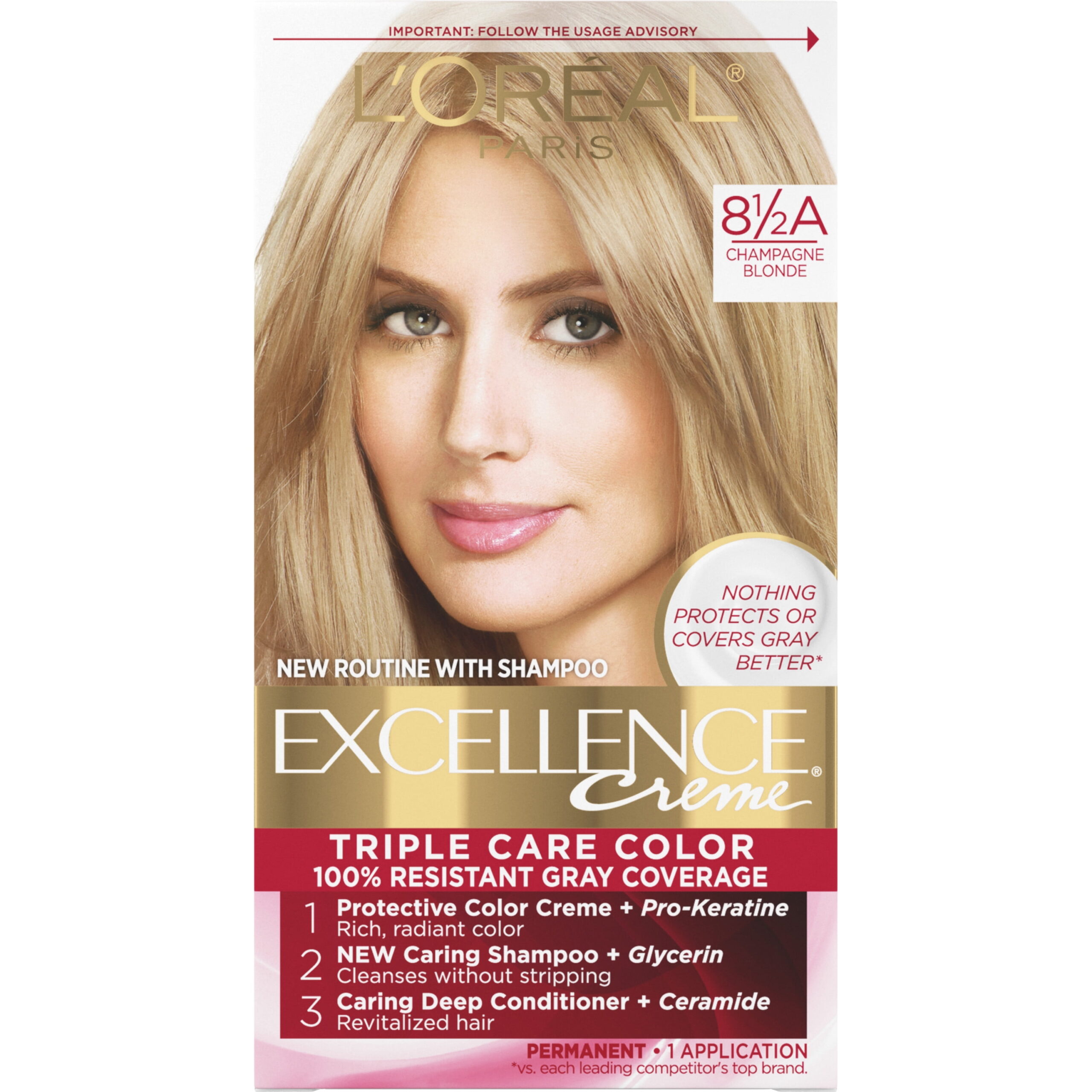 L'Oreal Paris Excellence Creme Permanent Hair Color, Triple Protection, 8.5A Champagne Blonde, 1 Kit