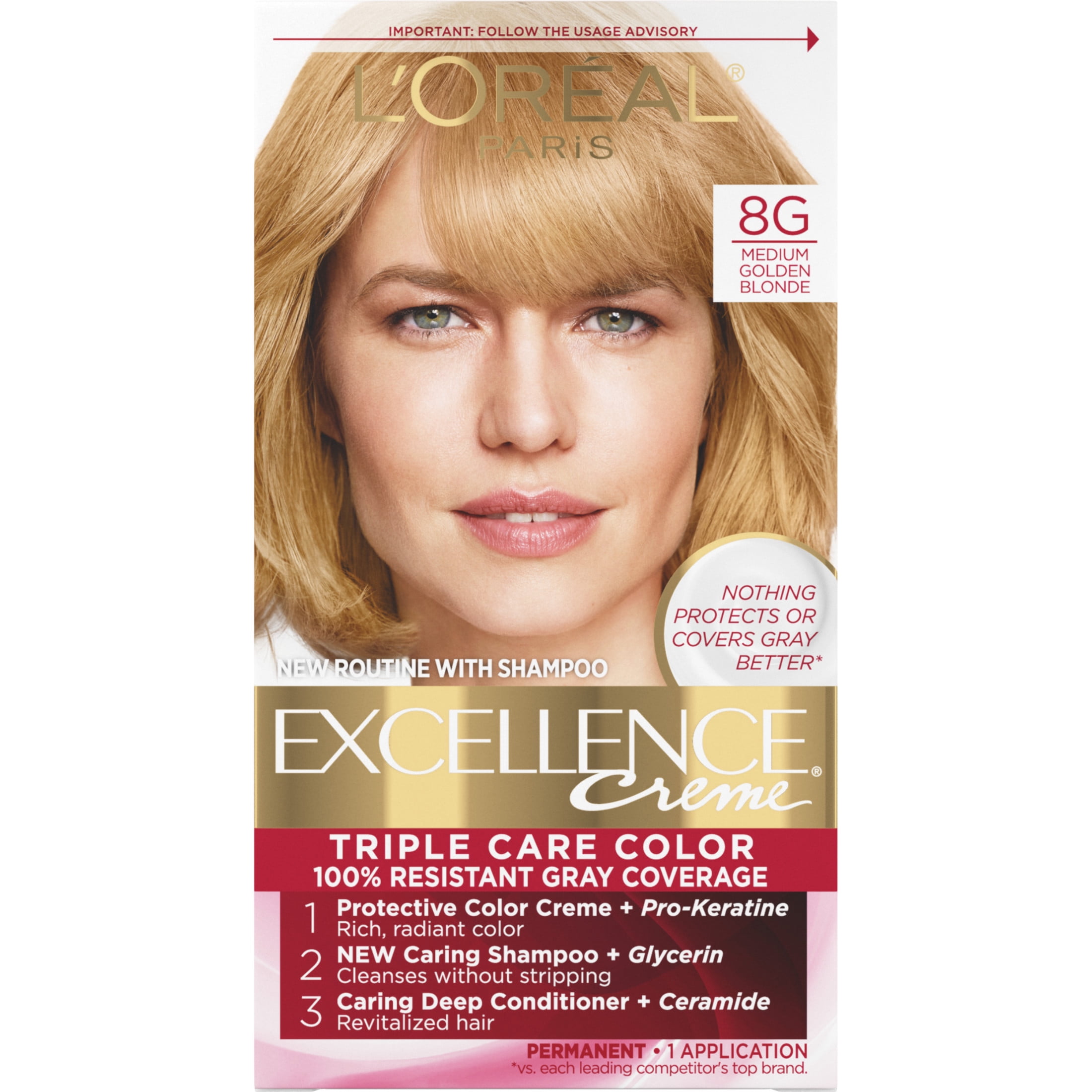L'Oreal Paris Excellence Creme Permanent Triple Care Hair Color, 8G Medium Golden Blonde, 1 kit