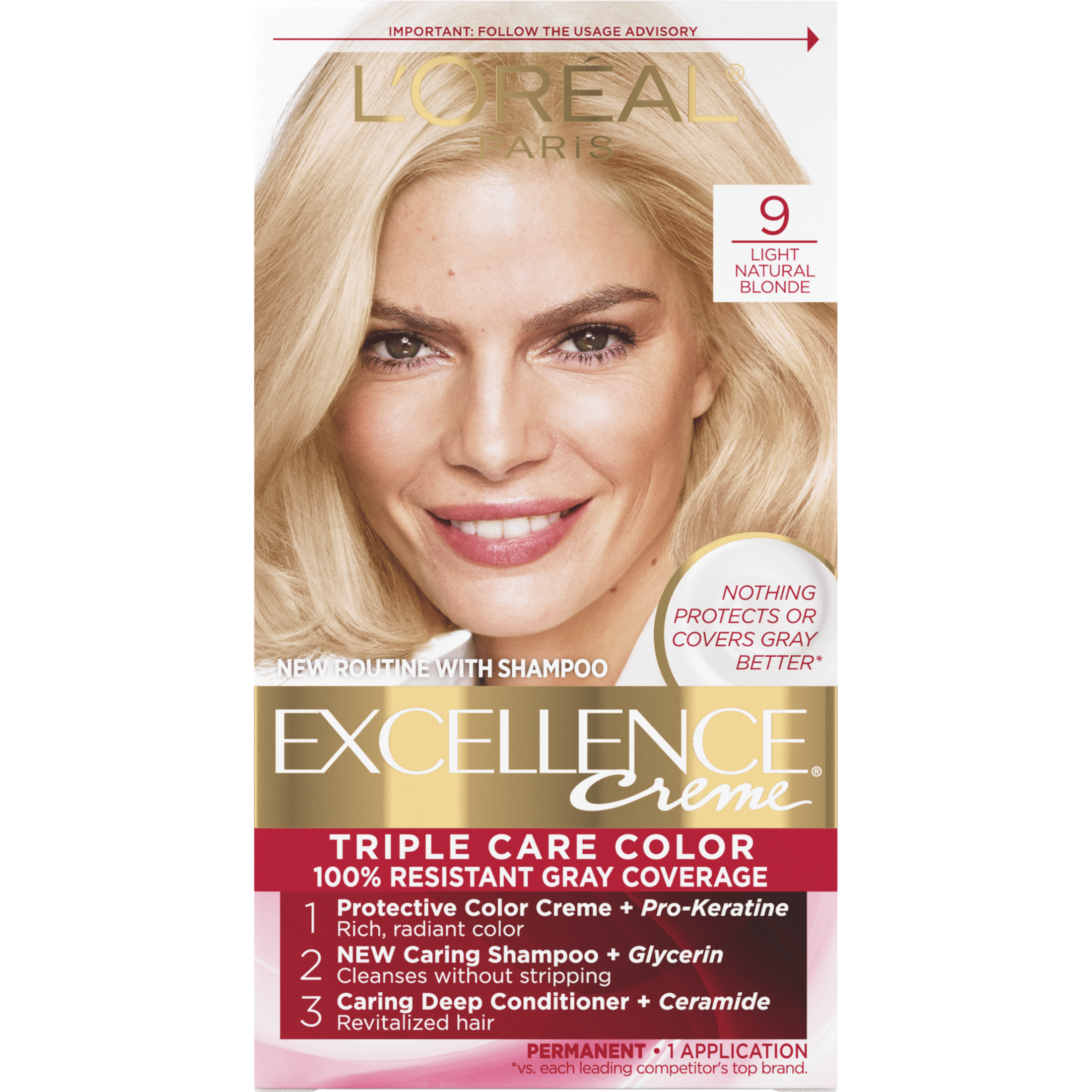 L'Oreal Paris Excellence Creme Permanent Triple Protection Hair Color, 9 Light Natural Blonde, 1 Kit