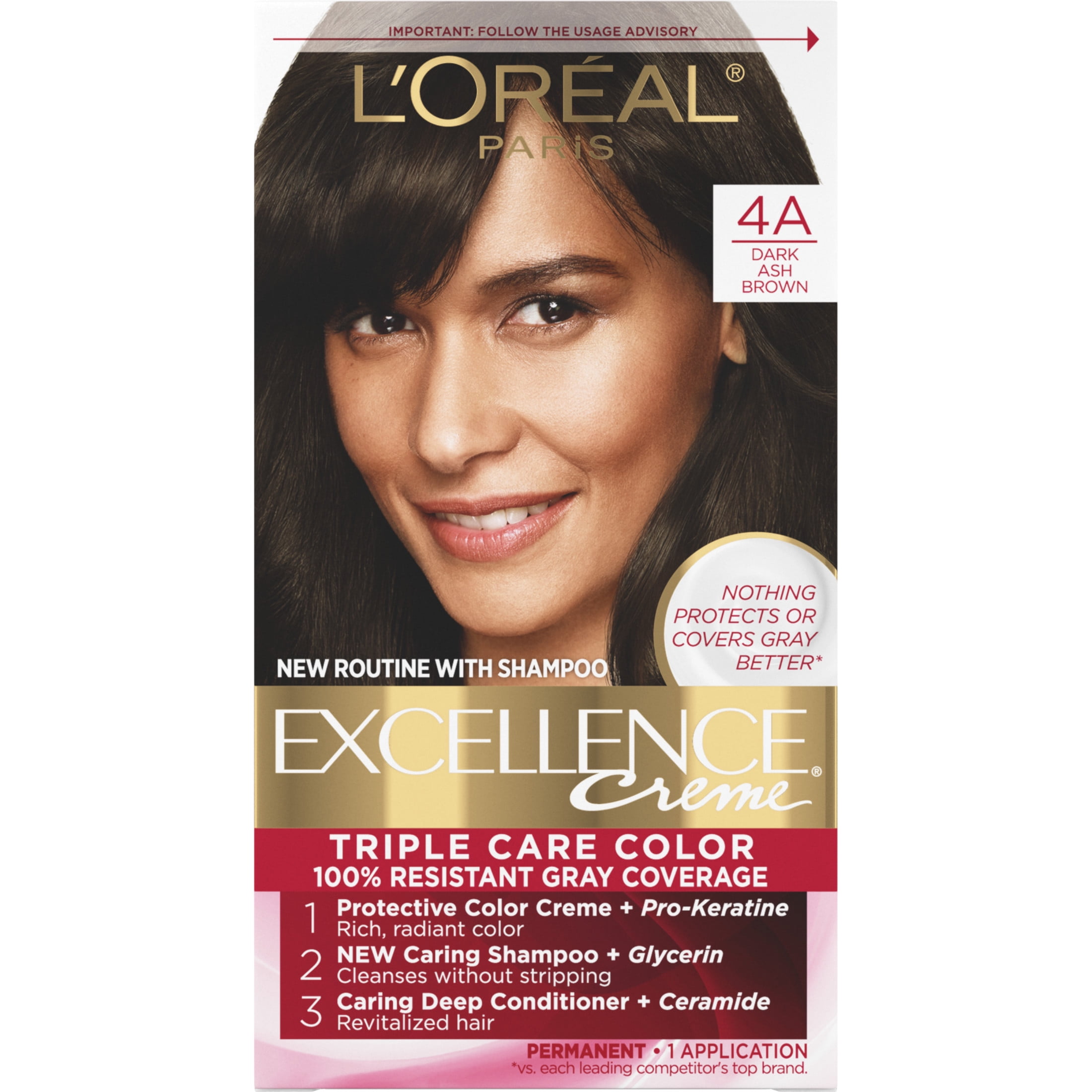 L'Oreal Paris Excellence Creme Triple Care Hair Color, 4A Dark Ash Brown, 1 Kit