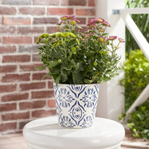 Mainstays 5.9”D x 5.43”H Round Ceramic Blue Medallion Planter, White