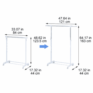 Mainstays Adjustable Rolling Garment Rack Metal Chrome, White, 84-121Wx44Dx123.5-163Hcm