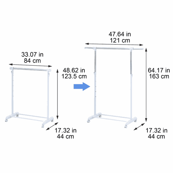 Mainstays Adjustable Rolling Garment Rack Metal Chrome, White, 84-121Wx44Dx123.5-163Hcm