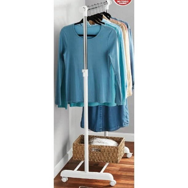 Mainstays Adjustable Rolling Garment Rack Metal Chrome, White, 84-121Wx44Dx123.5-163Hcm
