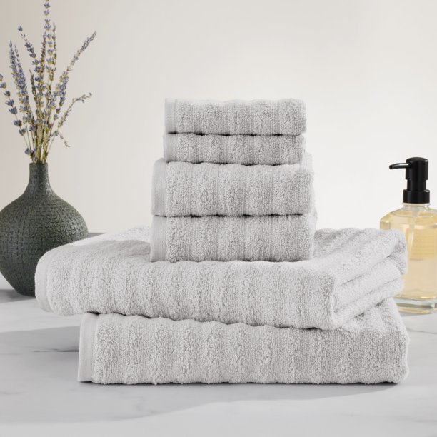 Mainstays Performance Textured Bath Towel 6-Piece Set, Soft Silver