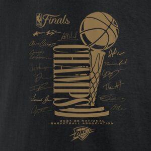 Men's Fanatics Black Oklahoma City Thunder 2025 NBA Finals Champions Double Dribble Roster Trophy T-Shirt