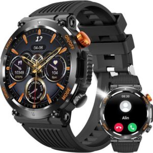 Military Smart Watch for Men Answer/Make Call, Outdoor Waterproof Tactical Sports Smartwatch with LED Flashlight Compass, Heart Rate Sleep Monitor