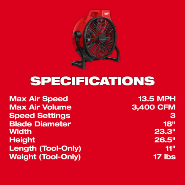 Milwaukee 0821-20 M18 18V 18" Brushless Cordless Fan - Bare Tool