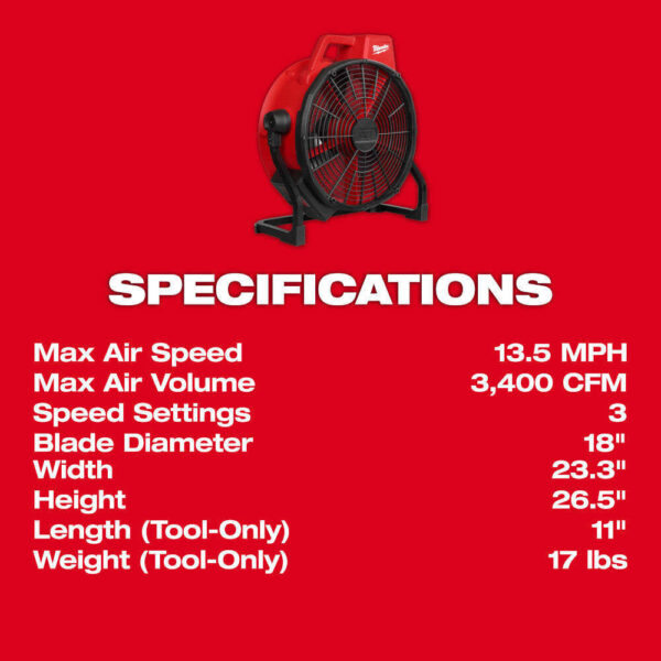 Milwaukee 0821-20 M18 18V 18" Brushless Cordless Fan - Bare Tool