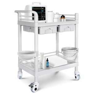 Mobile Medical Cart, 2 Tier Trolley 330 Lbs, with 2 Drawers Carts, Beauty Salon Rolling Trolley with Dirt Buckets, 360° Rotate Wheels, Heavy Duty Medical Utility Cart for...