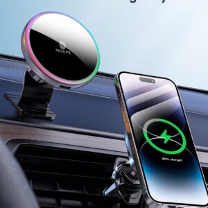 MOKPR for Magsafe Car Mount Charger-Magnetic Car Phone Holder Wireless Car Charger for Dash Air Vent-LED RGB HandsFree Car Mount Fast Car Charger for iPhone 16/15/14/13/12...