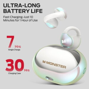 Monster Bluetooth Wireless Headphones Bone Conduction Ear Clip Bluetooth 5.4 Earphone Multi Mic AI noise Cancelling Wireless Earbuds, White