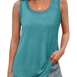 MOSHU Ribbed Trim Tank Tops for Women Flowy Round Neck Women Shirts Loose Fit Sleeveless Summer Tops
