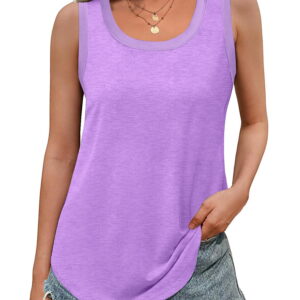 MOSHU Ribbed Trim Tank Tops for Women Flowy Round Neck Women Shirts Loose Fit Sleeveless Summer Tops